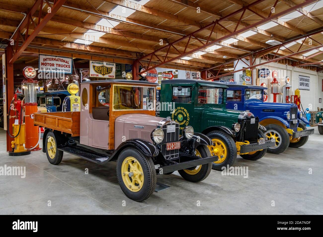 1929 Rugby 401 with two Republic trucks at the Bill Richardson Transport World museum, Invercargill, New Zealand. Stock Photo