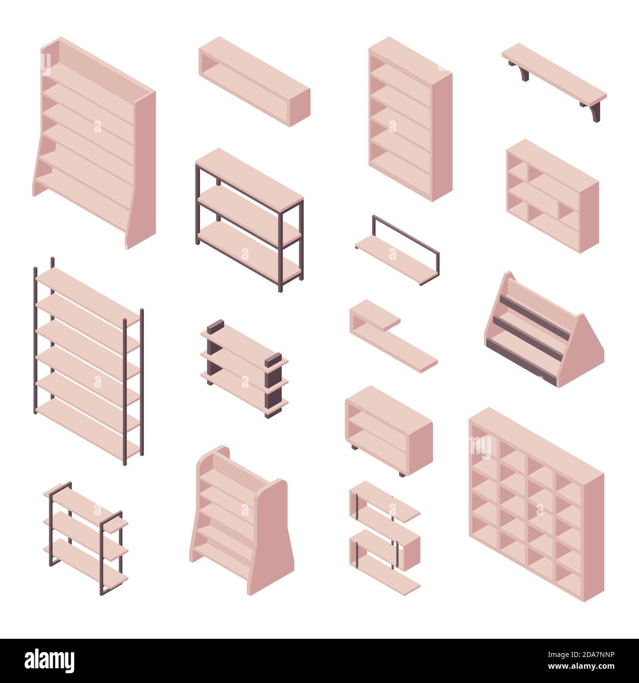 Bookshelf isometric - set of various cases and shelves for books for home and store interior design. Stock Vector