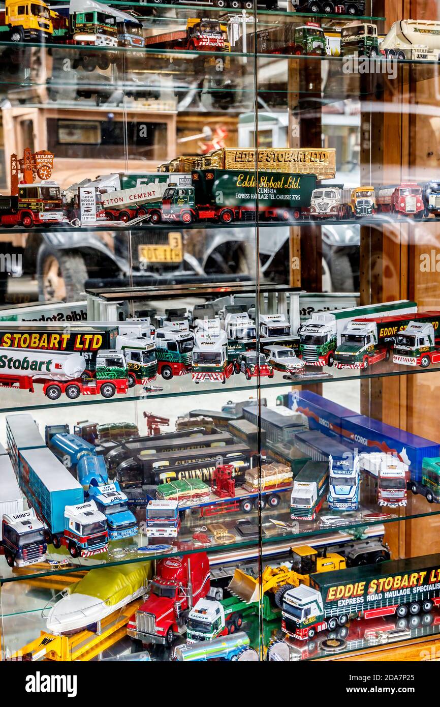 Glass cabinet collection of model cars and commercial vehicles at the Bill Richardson Transport World museum, Invercargill, New Zealand. Stock Photo