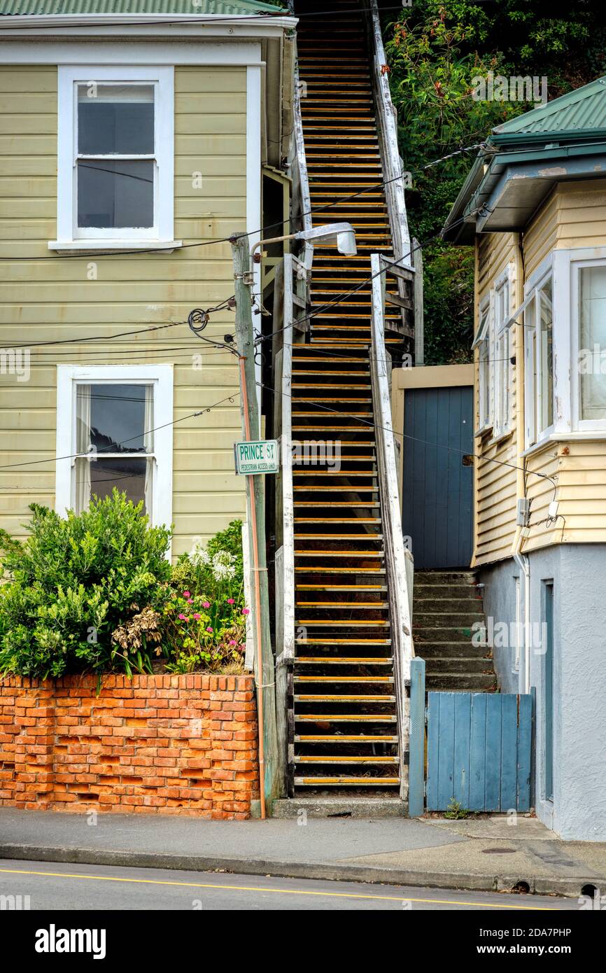 A typical weatherboard house construction with steep access stairway between properties on Prince Street, Wellington, New Zealand. Stock Photo
