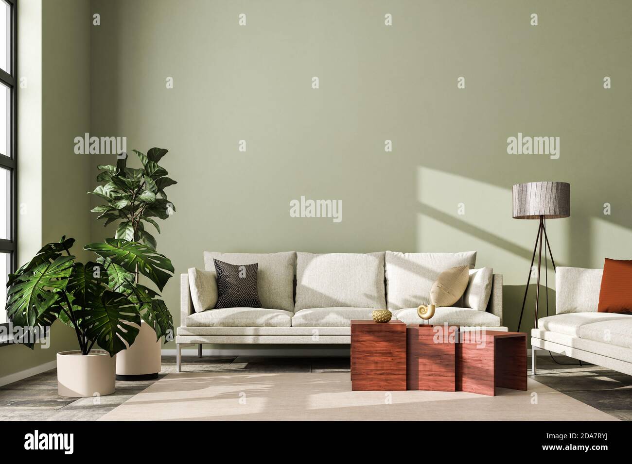 Interior scene: living room with a sofa in a loft building. Carpet on stone floor, floor lamp, fig tree and monstrea deliciosa plant. 3d render Stock Photo