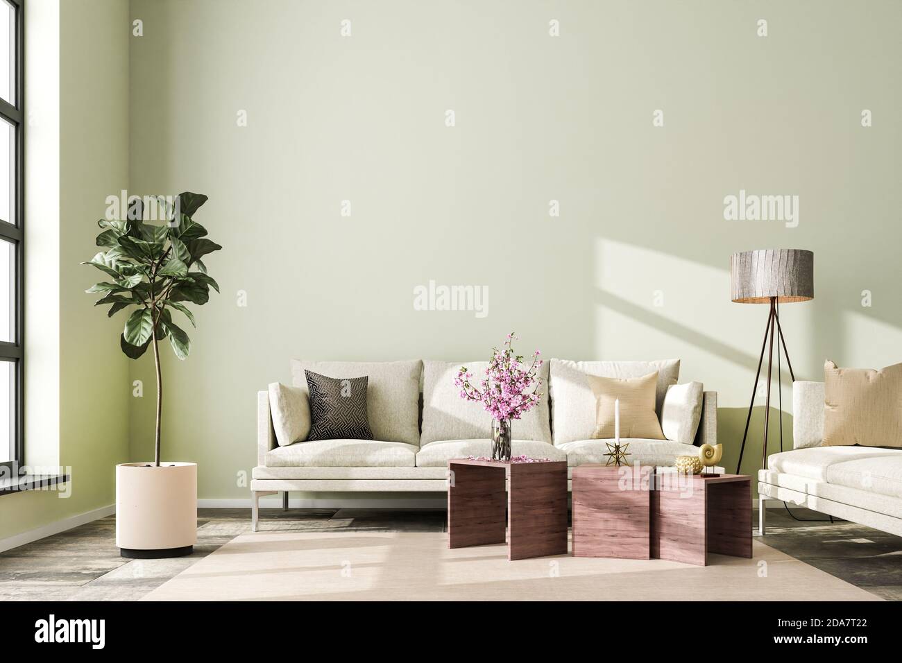 Interior scene: living room with a sofa in a loft building. Carpet on stone floor, floor lamp, fig tree and vase with cherry blossoms. 3d render Stock Photo