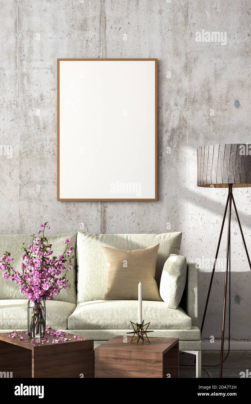 Interior scene: living room mockup with a sofa in a loft style building. One empty picture frame (70x100cm). Concrete wall, floor lamp, coffee tables, Stock Photo