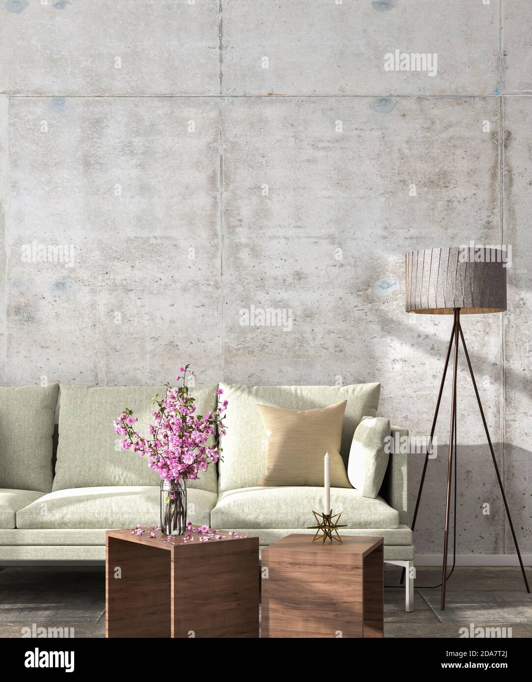 Interior scene: sofa and coffee tables with cherry blossoms in a vase and a candle on top. Blank concrete wall - floor lamp. 3d render Stock Photo