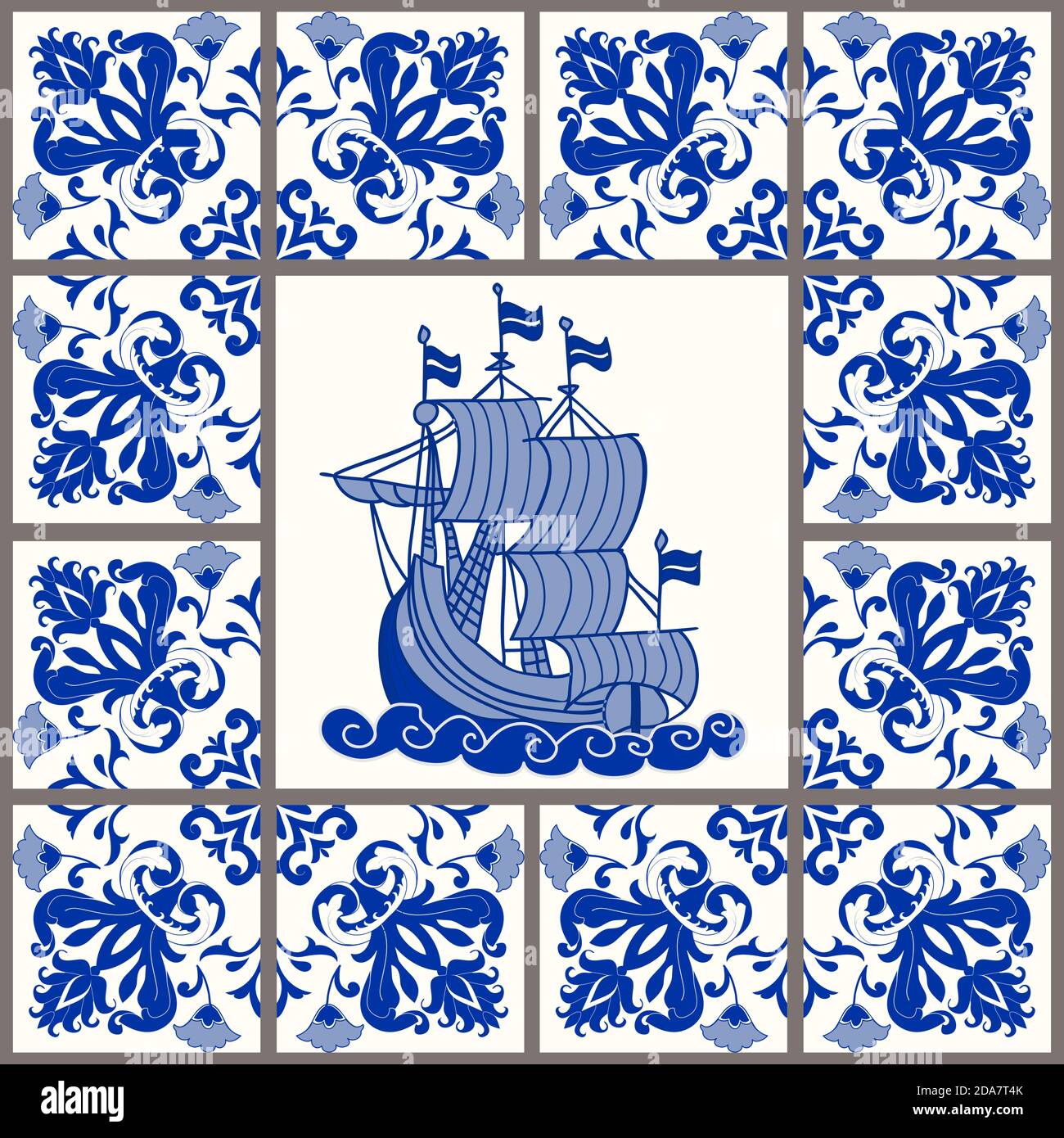 Majolica pottery tile, blue and white azulejo, original traditional Portuguese and Spain decor. Seamless patchwork tile with sea motives. Vector. Stock Vector