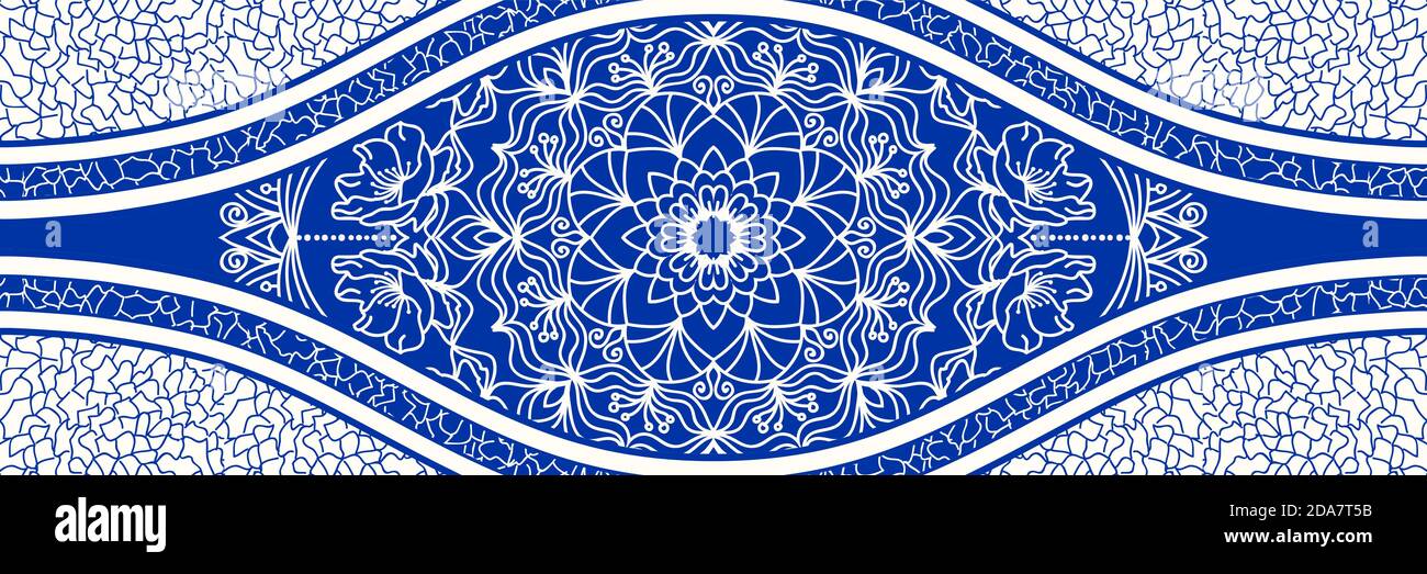 Majolica pottery tile, blue and white azulejo, original traditional Portuguese and Spain decor. Seamless border with Victorian motives. Vector. Stock Vector