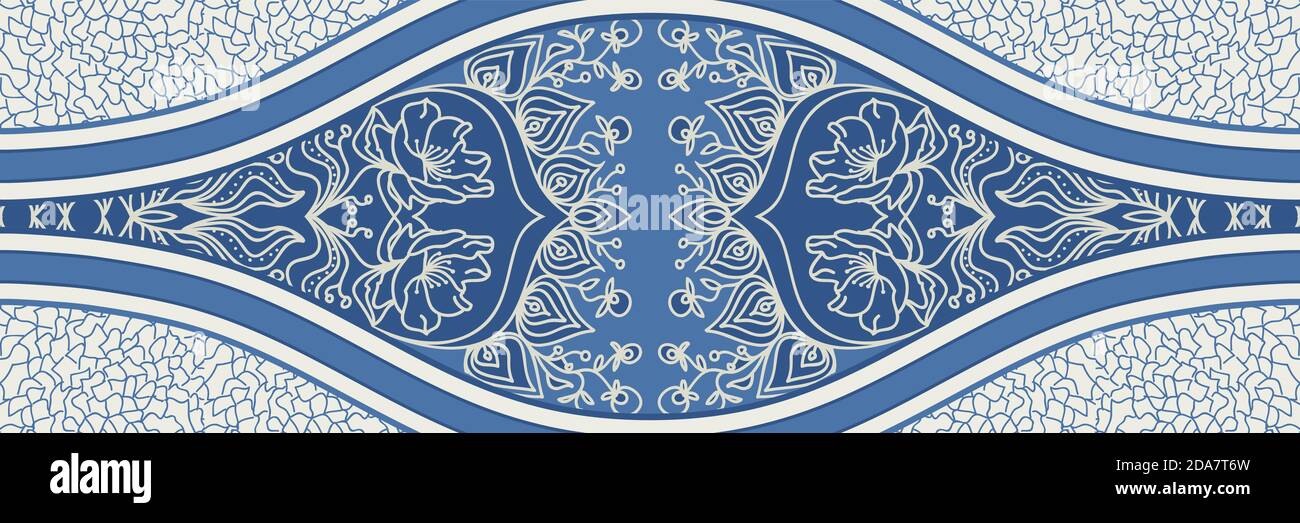 Majolica pottery tile, blue and white azulejo, original traditional Portuguese and Spain decor. Seamless border with Victorian motives. Vector. Stock Vector