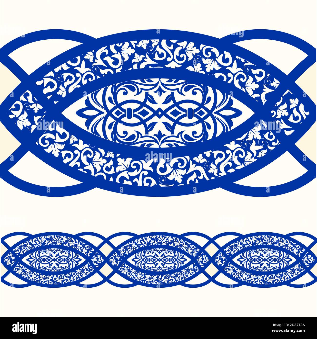 Majolica pottery tile, blue and white azulejo, original traditional Portuguese and Spain decor. Seamless border with Victorian motives. Vector. Stock Vector