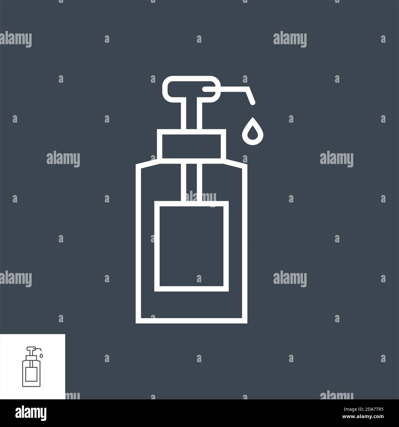 Sanitazer bottle with drop related vector thin line icon. Stock Vector