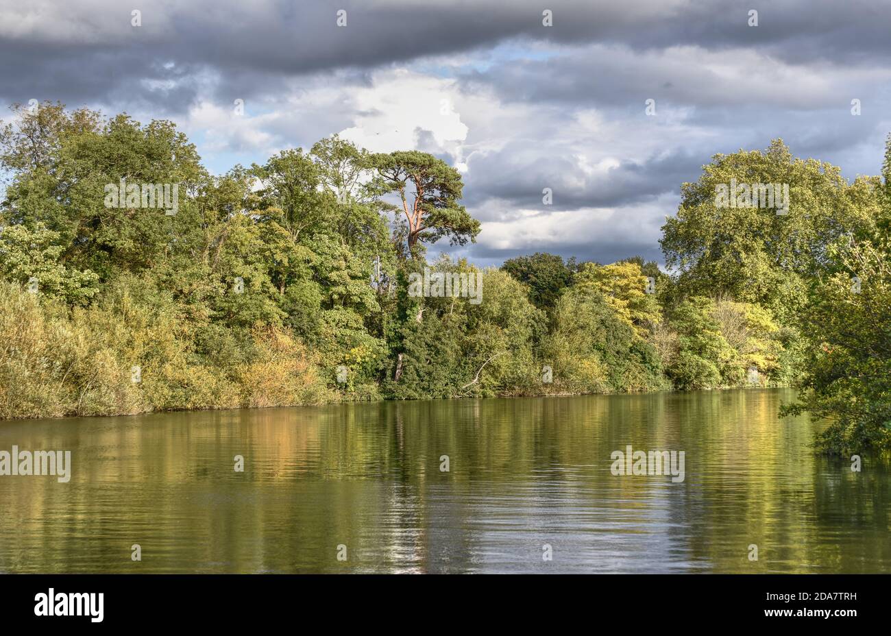 Trees are reflected in the River Thames in this photo taken on a clear autumn day near Egham in Surrey Stock Photo