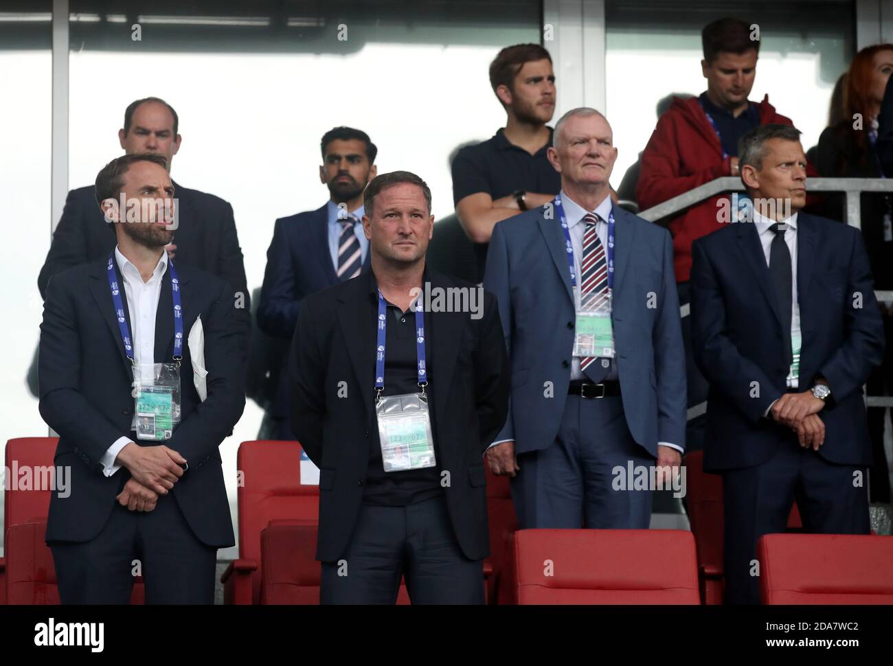 File photo dated 16-06-2017 of England manager Gareth Southgate (left), assistant manager Steve Holland (centre left), chairman of The Football Association Greg Clarke (centre right) and FA CEO Martin Glenn Stock Photo