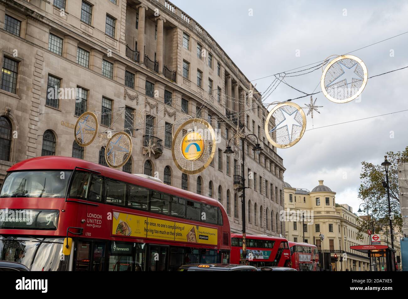 LONDON NOVEMBER 3, 2020 Christmas decoration lights above Red London