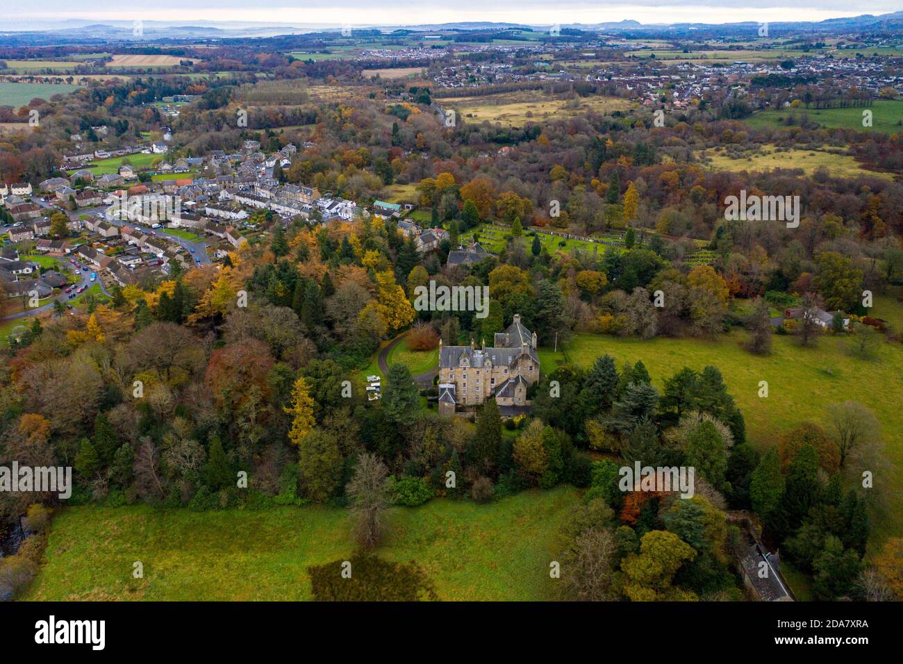 Aerial view of Calder House, Mid Calder, West Lothian. Stock Photo