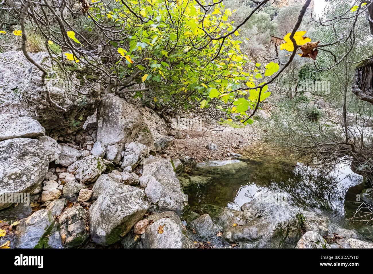 Photo of the Biniaraix ravine, in the town of Sóller, one of the most beautiful and spectacular excursion routes in Mallorca, in the Balearic Islands. Stock Photo