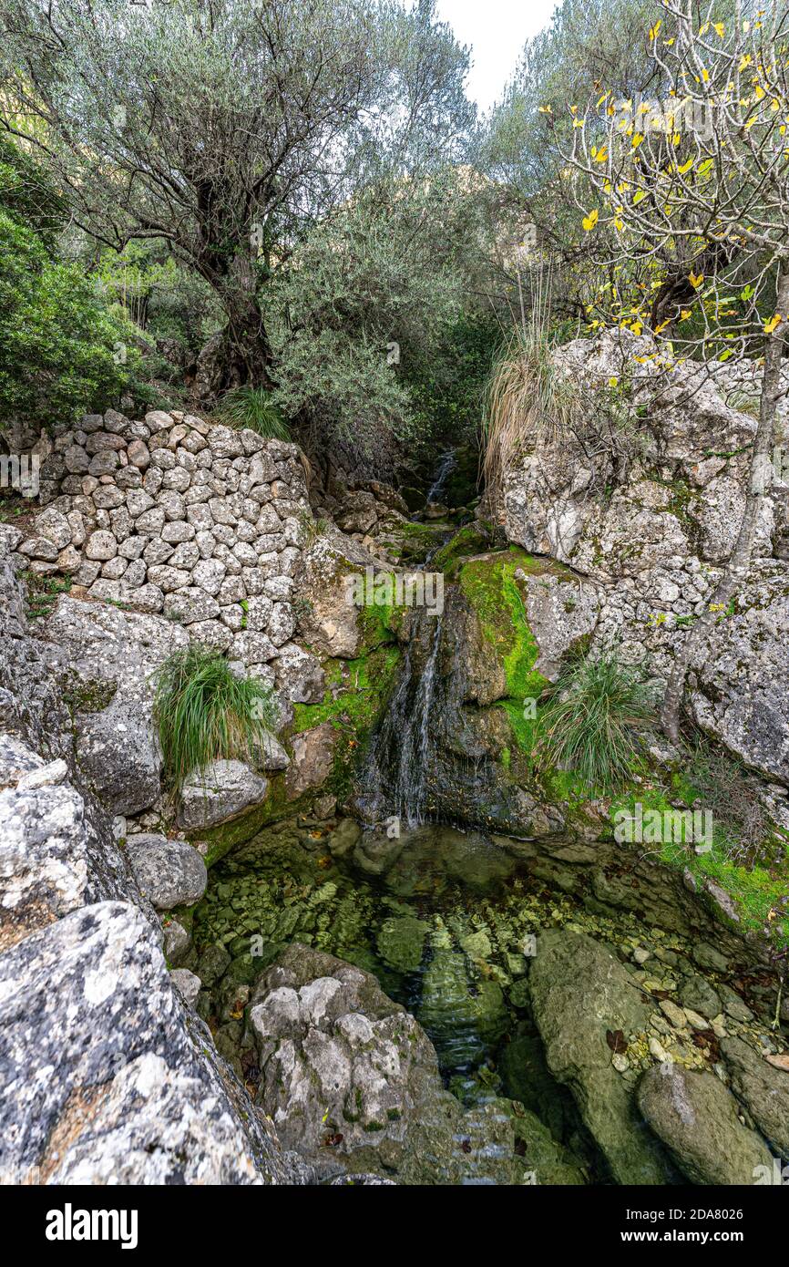 Photo of the Biniaraix ravine, in the town of Sóller, one of the most beautiful and spectacular excursion routes in Mallorca, in the Balearic Islands. Stock Photo