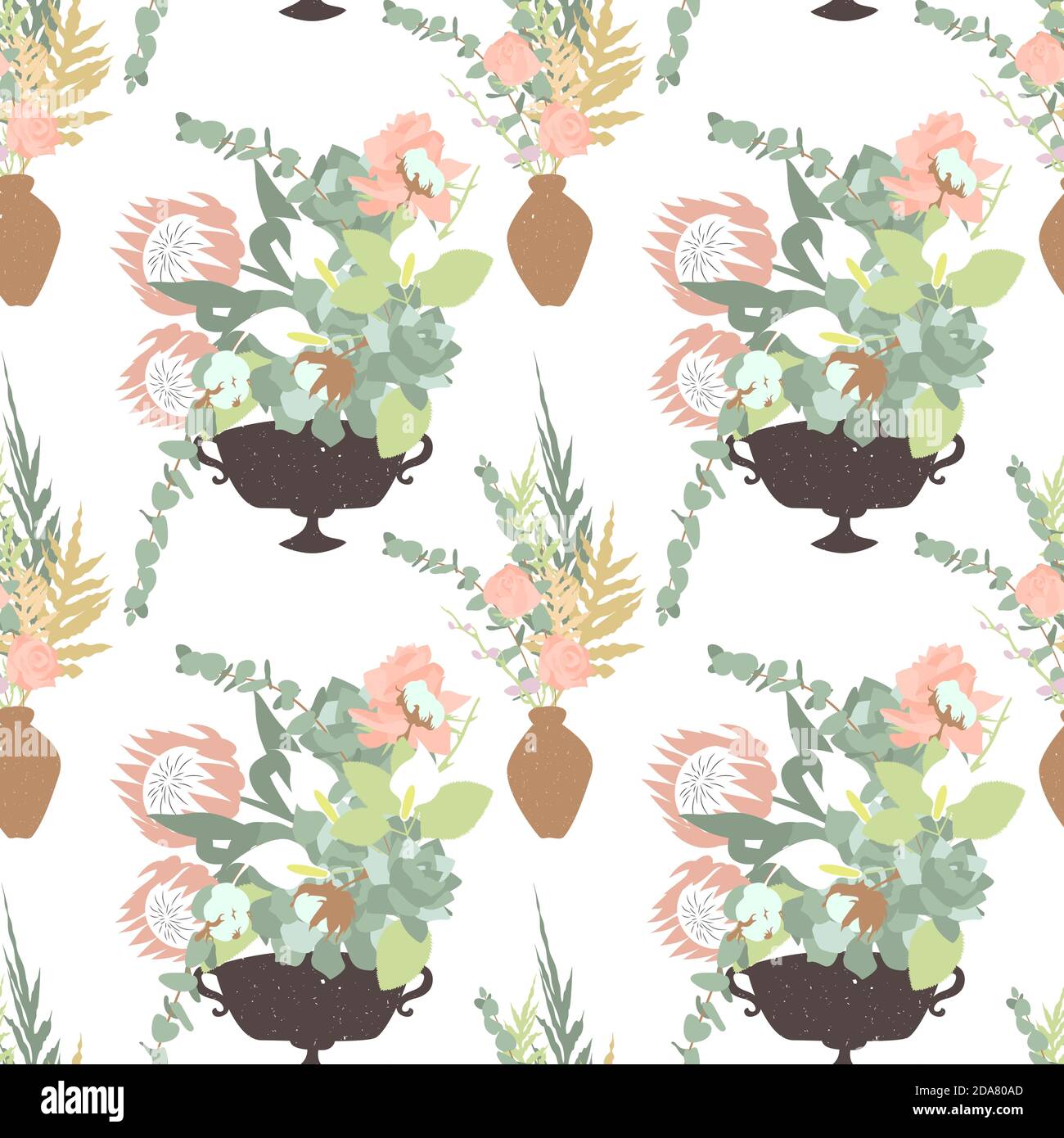 Floral boho seamless pattern with tropical flowers, leaves and bouquets