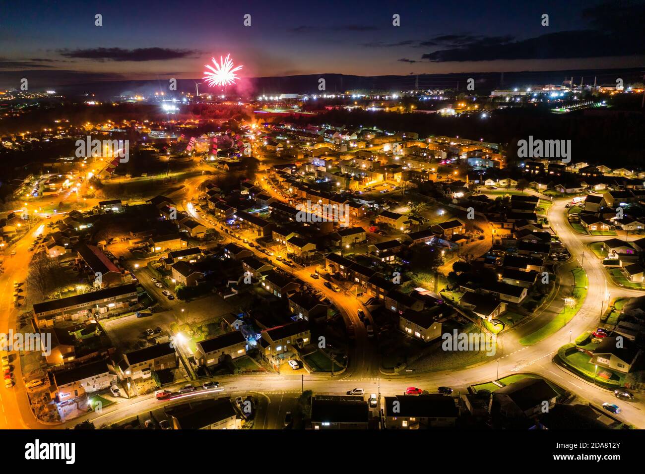 Aerial drone view of home fireworks on Guy Fawkes night in the UK during lockdown Stock Photo