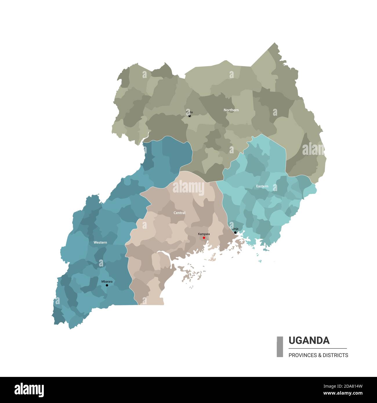 Uganda higt detailed map with subdivisions. Administrative map of Uganda with districts and cities name, colored by states and administrative district Stock Vector