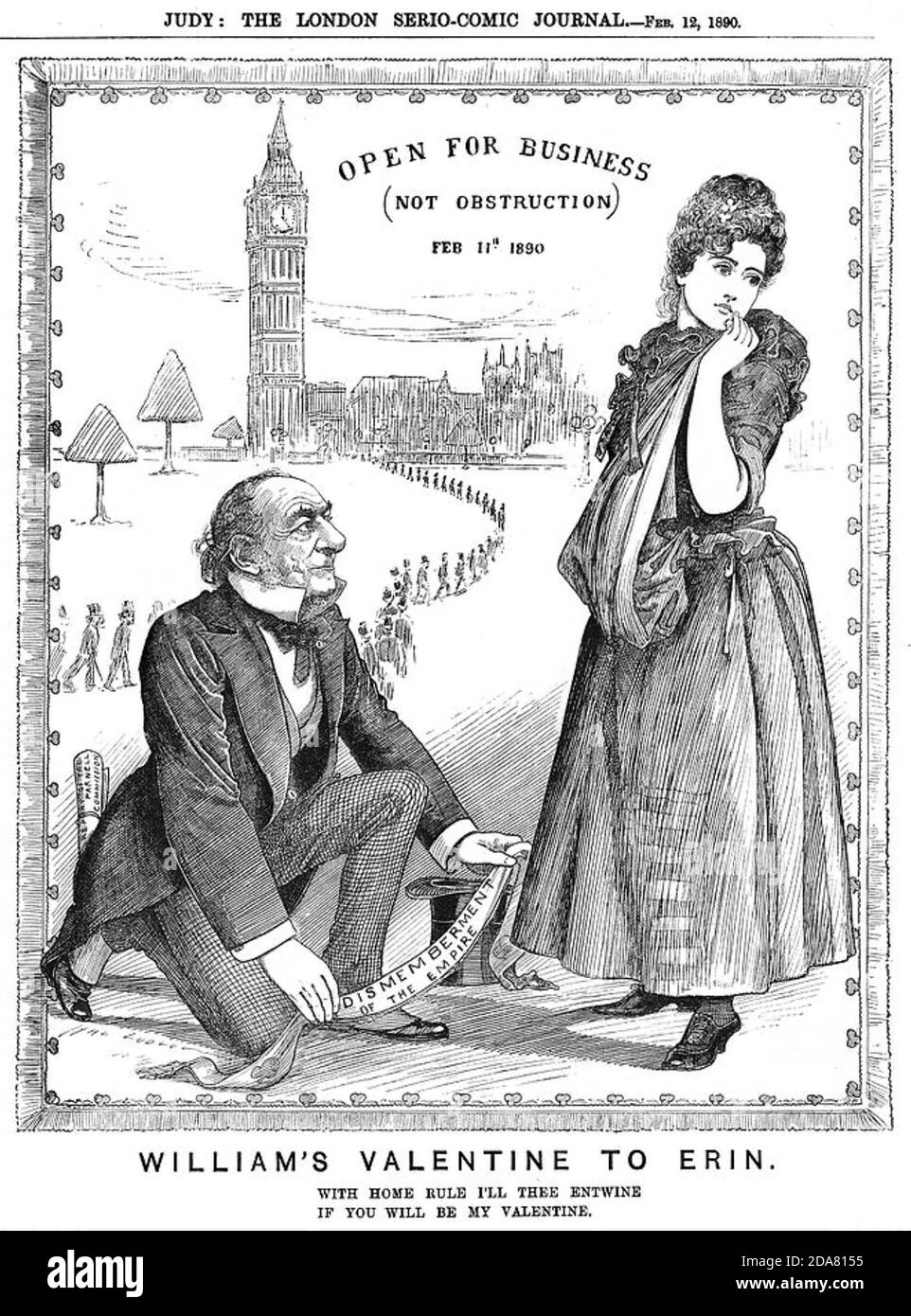 WILLIAM EWART GLADSTONE (1809-1898) offers Ireland in the shape of Erin the benefits of his first Home Rule Bill in 1890. Stock Photo