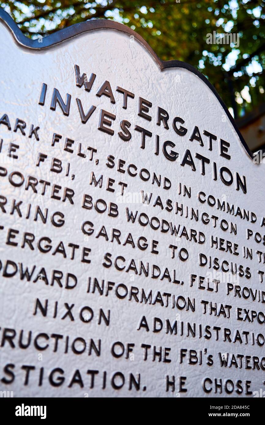 A commemorative marker, plaque identifies the site of Bob Woodward's