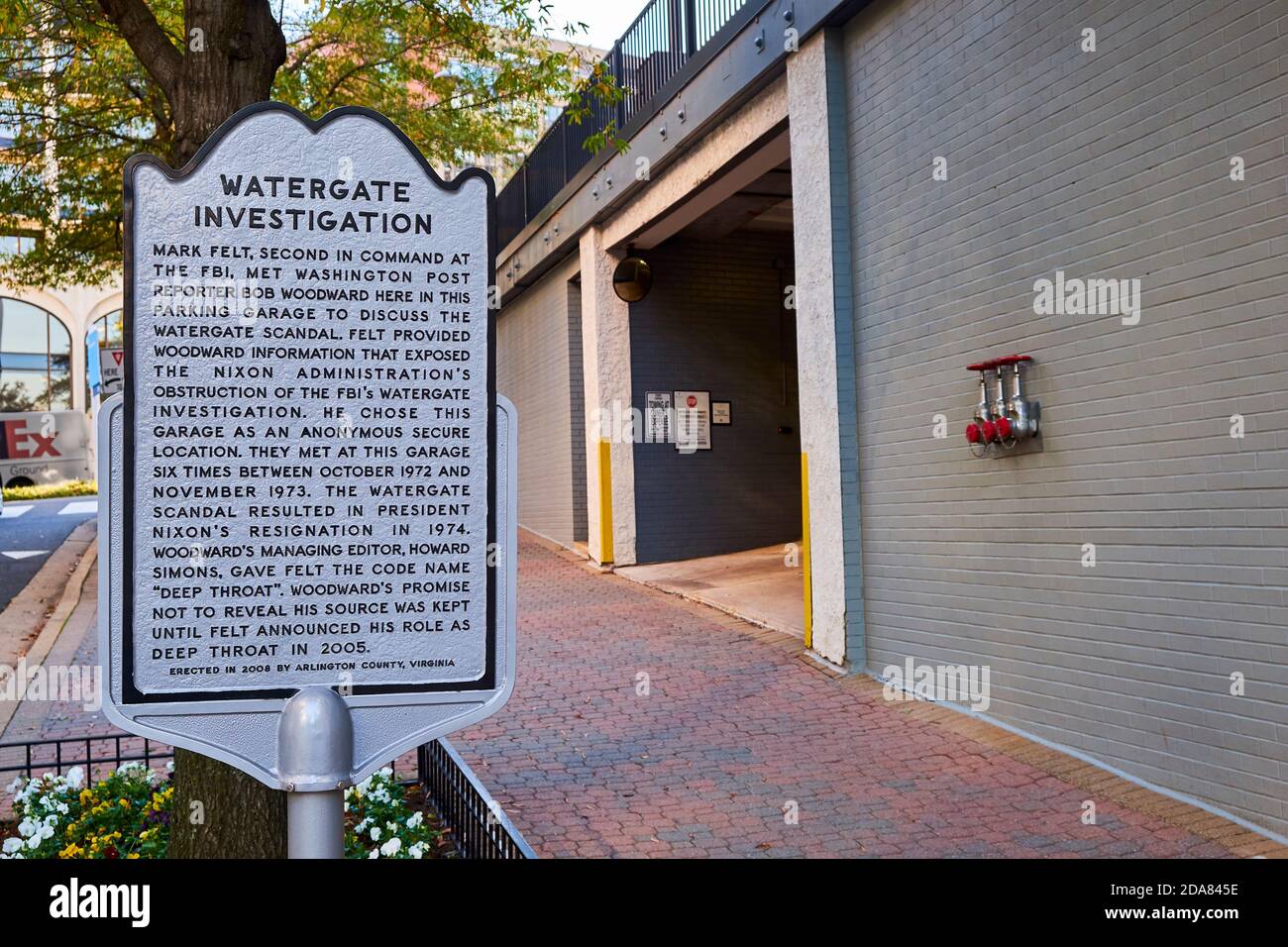 A commemorative marker, plaque identifies the site of Bob Woodward's