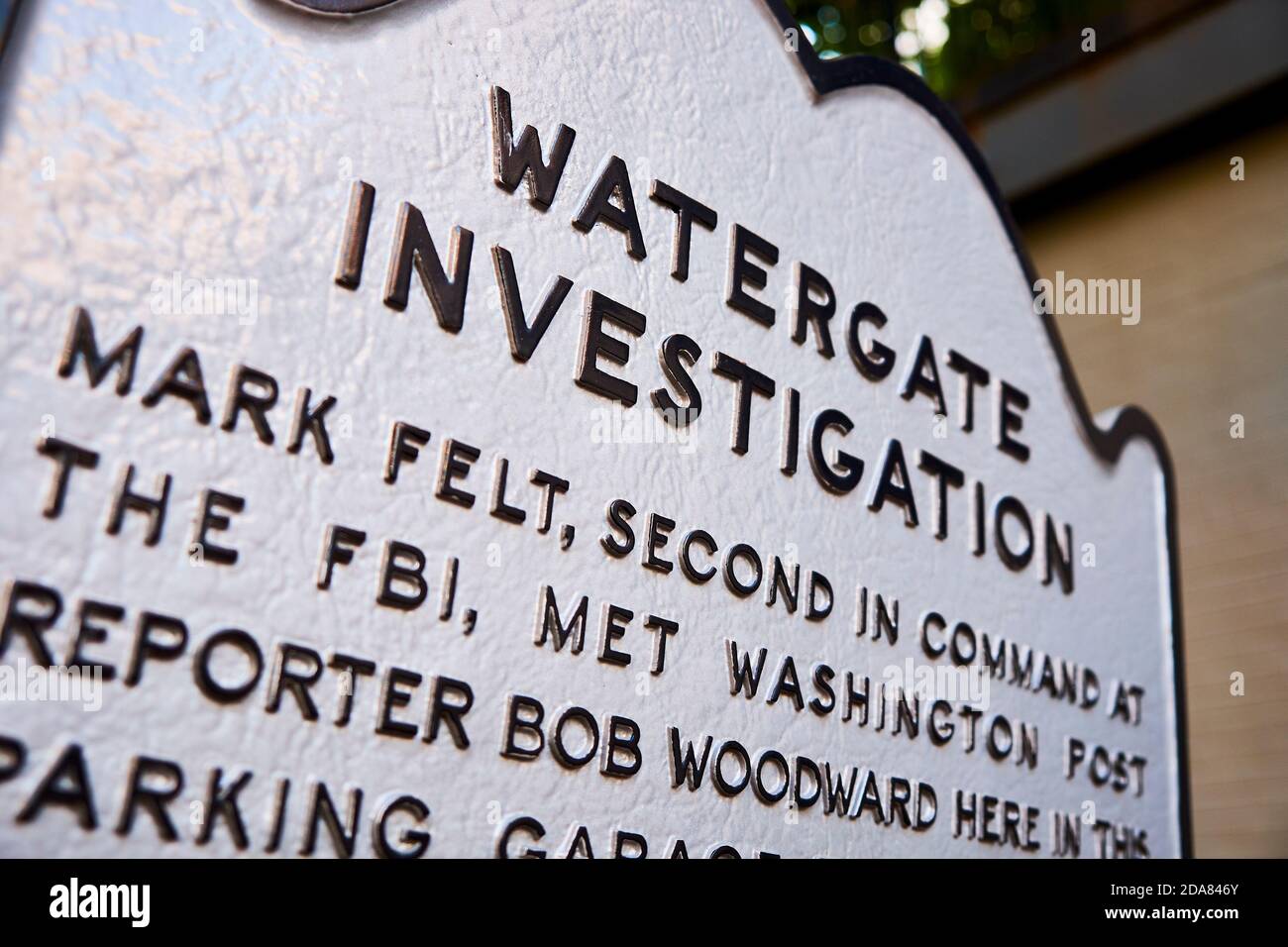 A commemorative marker, plaque identifies the site of Bob Woodward's