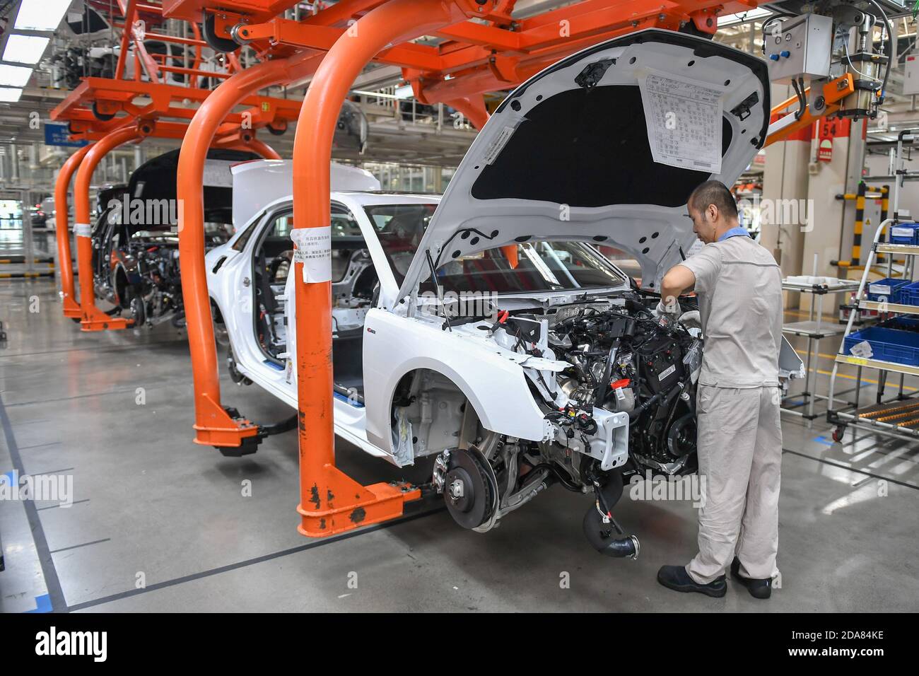 Changchun, China's Jilin Province. 1st Sep, 2020. A worker assembles a vehicle at the general assembly line of FAW-Volkswagen in Changchun, northeast China's Jilin Province, Sept. 1, 2020. First Automotive Works (FAW) Group Co. Ltd., China's leading automaker, sold more than 3.01 million vehicles in the first 10 months of this year, an increase of 7.8 percent year on year, the company said. Credit: Zhang Nan/Xinhua/Alamy Live News Stock Photo