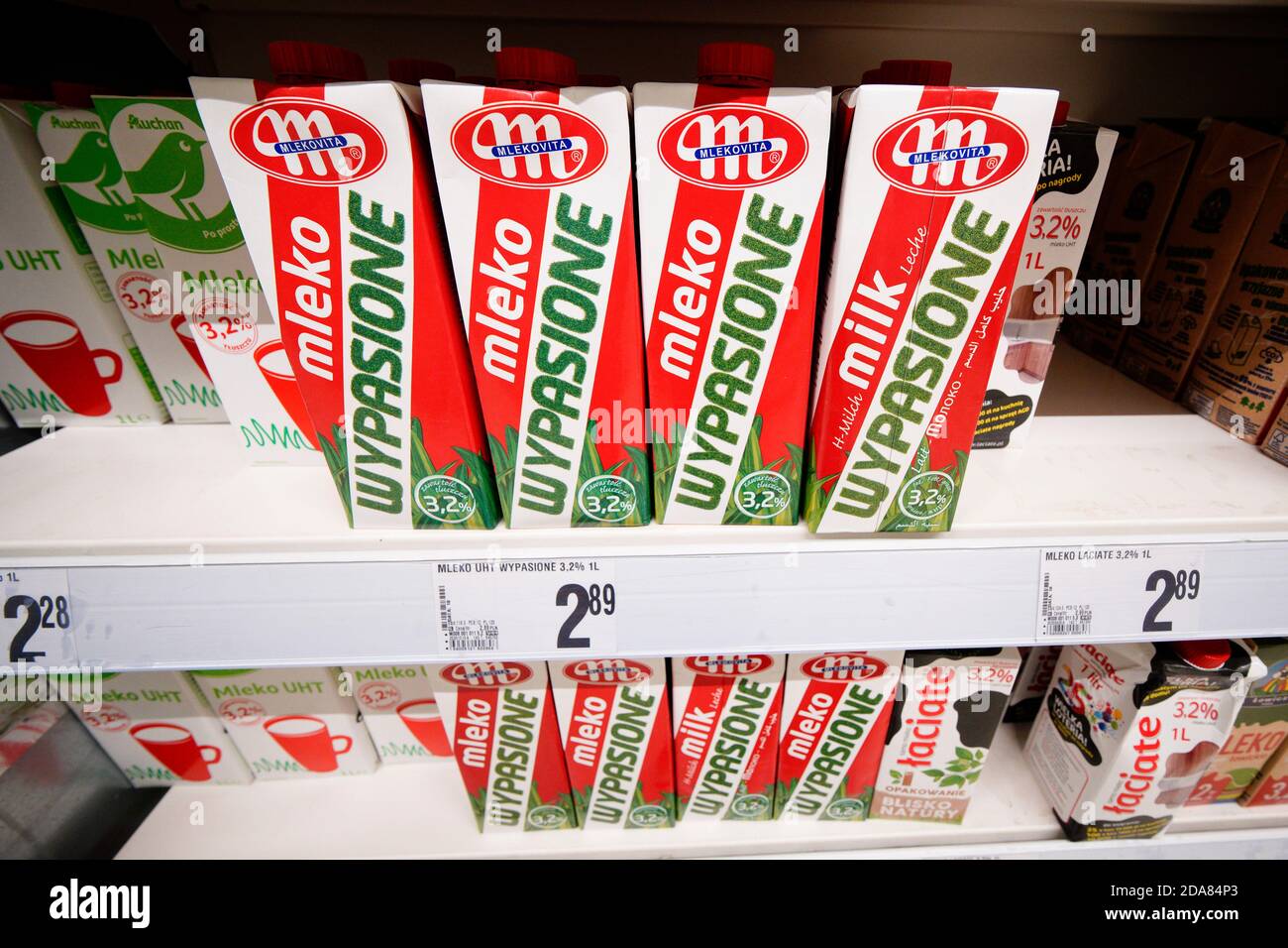 (201110) -- WARSAW, Nov. 10, 2020 (Xinhua) -- Boxes of Mlekovita milk are seen on shelves at a supermarket in Warsaw, Poland, Nov. 5, 2020. The European Union (EU) is one of the largest milk suppliers to Chinese market, with Poland accounting for a share of 12.7%, according to Director of Polish Milk Chamber Agnieszka Maliszewska. Statistics from Poland's Ministry of Finance show that, despite the impact of COVID-19, the export of dairy products from Poland to China grew by 70% year on year in the first half of 2020. Recently, batches of Polish dairy products took freight trains to Chin Stock Photo