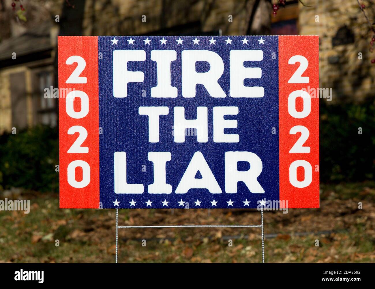 A 2020 presidential election yard sign stating Fire The Liar referring to American President Donald Trump Stock Photo