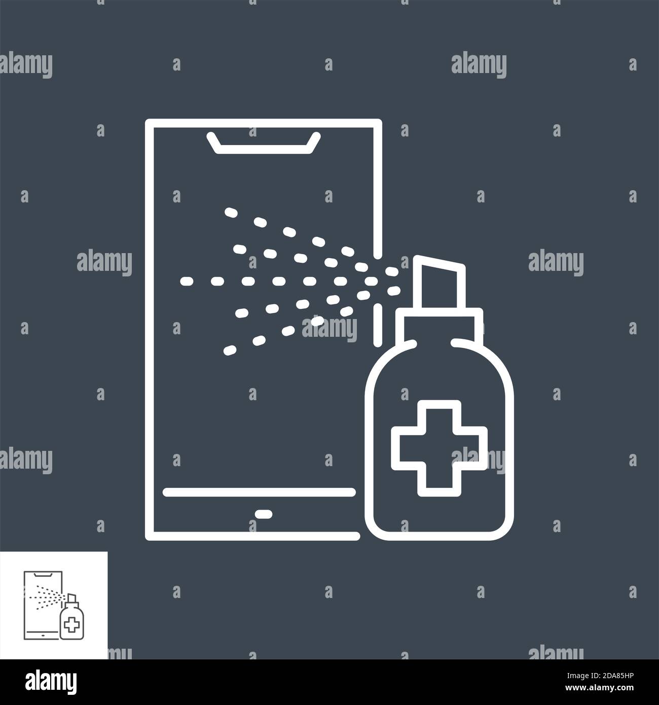 Smartphone disinfection related vector thin line icon. Stock Vector