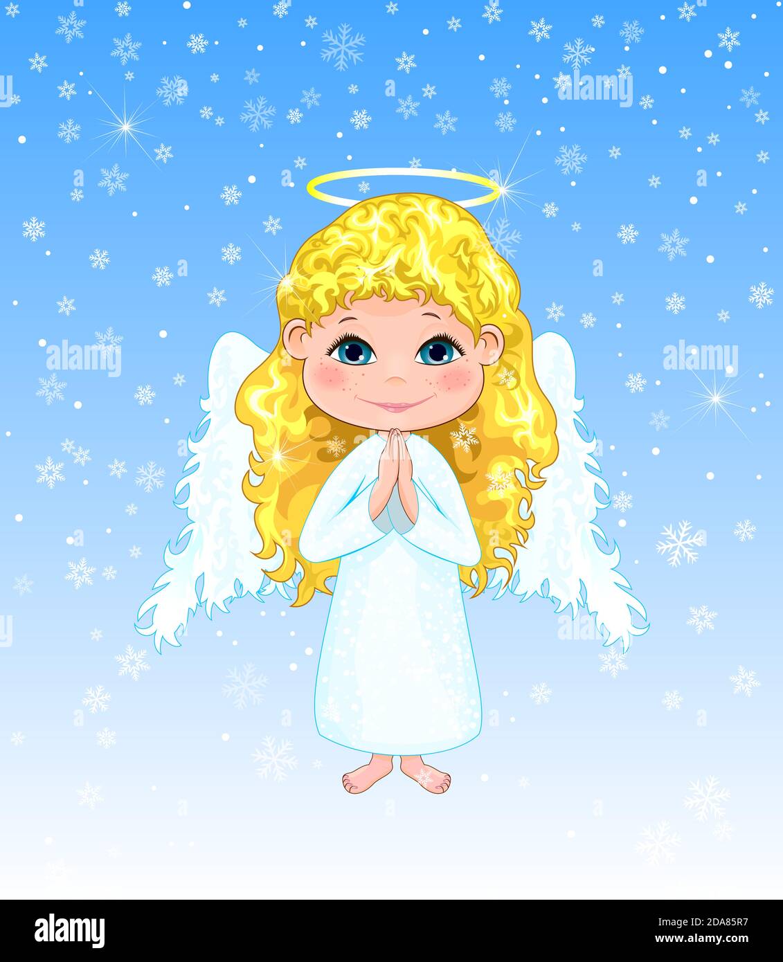 Little angel on a winter background. Angel girl with curls, with wings and a halo. Stock Vector