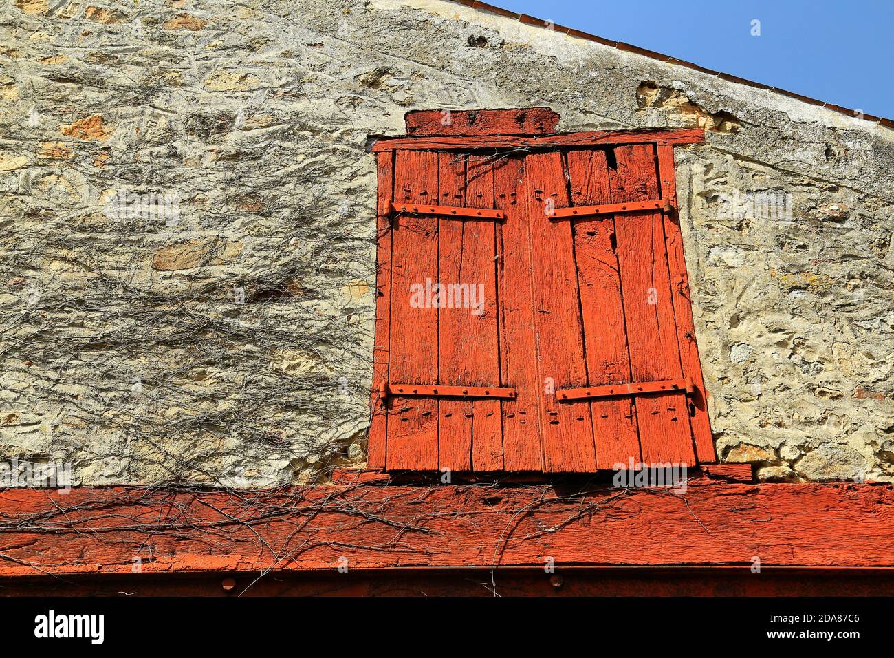 Old, weathered, painted, wooden window shutters Stock Photo Alamy