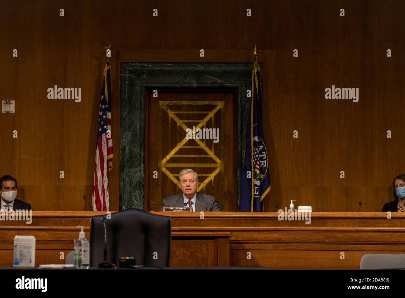 United States Senator Lindsey Graham (Republican of South Carolina), Chairman, US Senate Judiciary Committeeduring the Crossfire Hurricane hearing with former FBI Deputy Director Andrew McCabe, who appeared remotely, on Capitol Hill in Washington, DC on Tuesday, November 10, 2020.Credit: Jason Andrew/Pool via CNP | usage worldwide Stock Photo