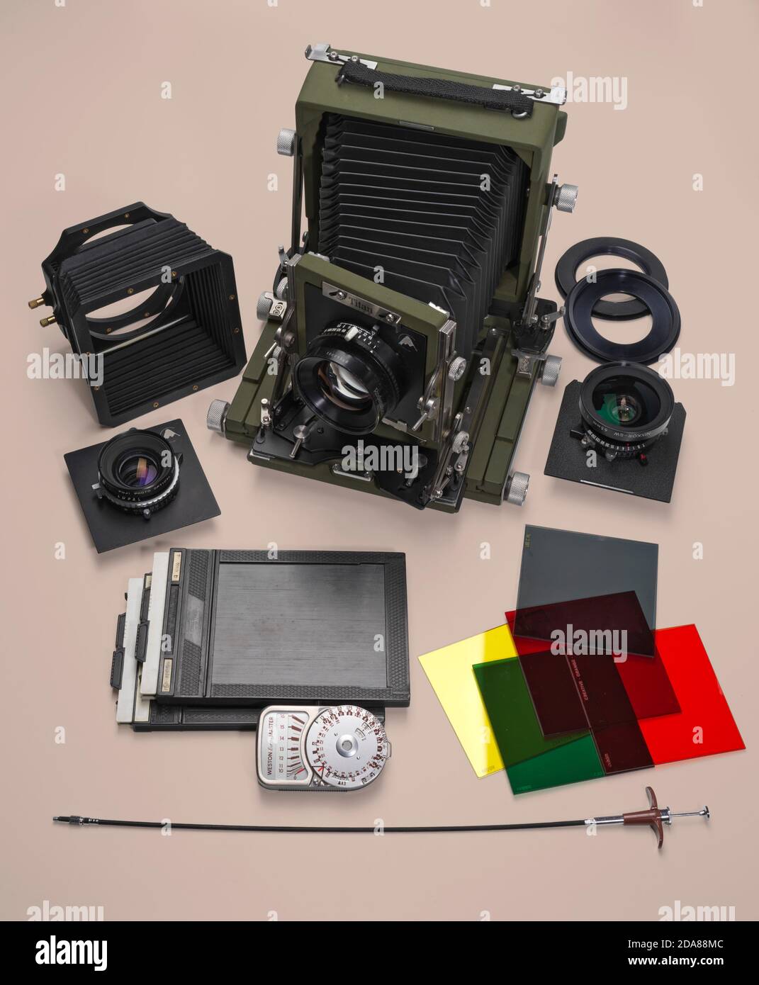 Titan 5x4 field camera with lenses, filters and dark slides – everything needed to take a photograph on large format film Stock Photo