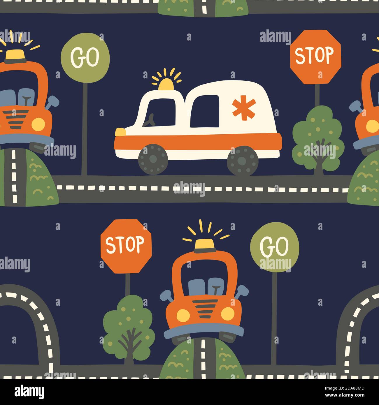 City emergency car on a road seamless vector pattern. Travel baby boy ...