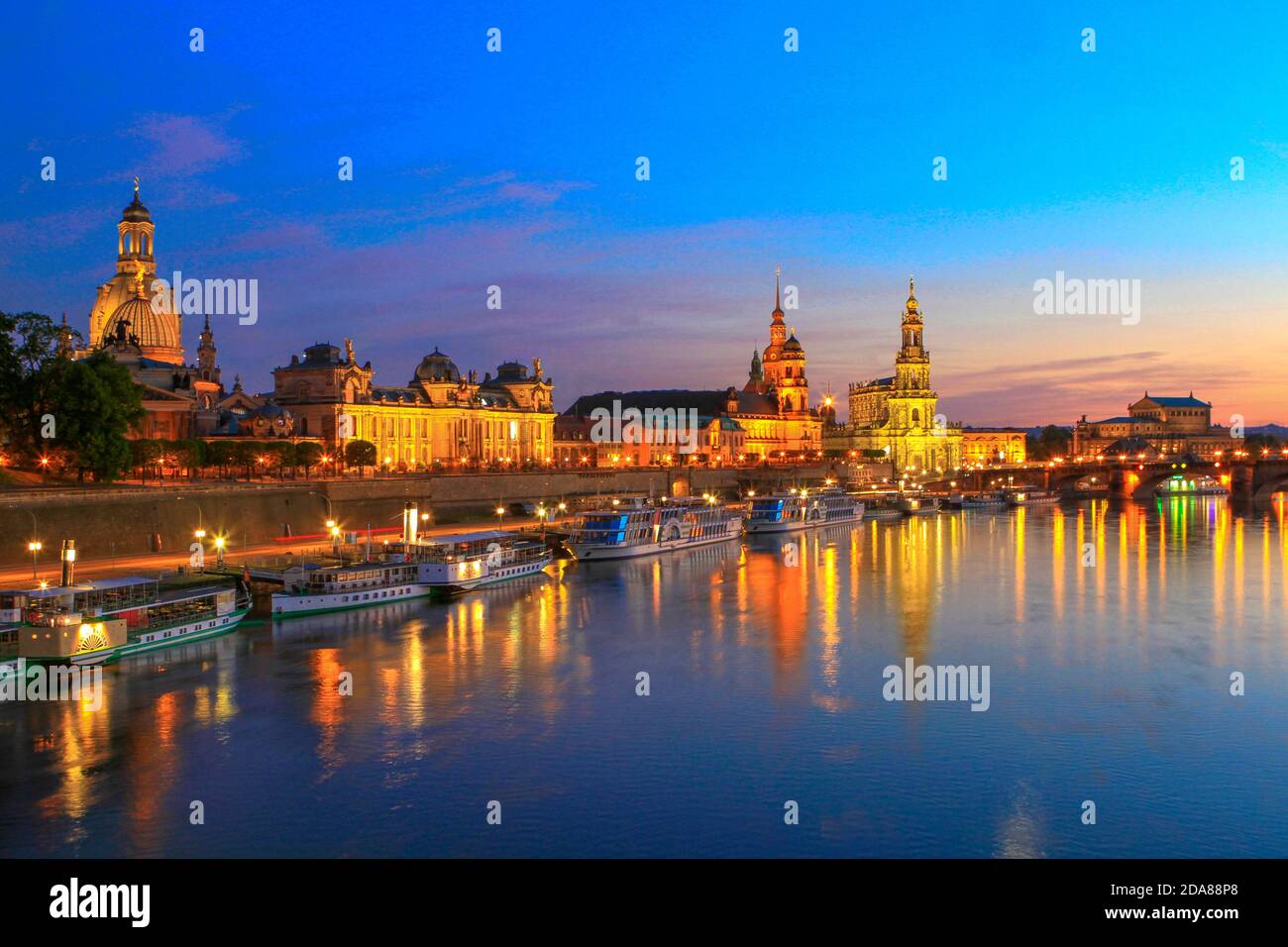 Cityscape at night with Frauenkirche church, Dresden Cathedral and Dresden Castle, Elbe river, historic centre, Dresden, Saxony, Germany, Europe Stock Photo