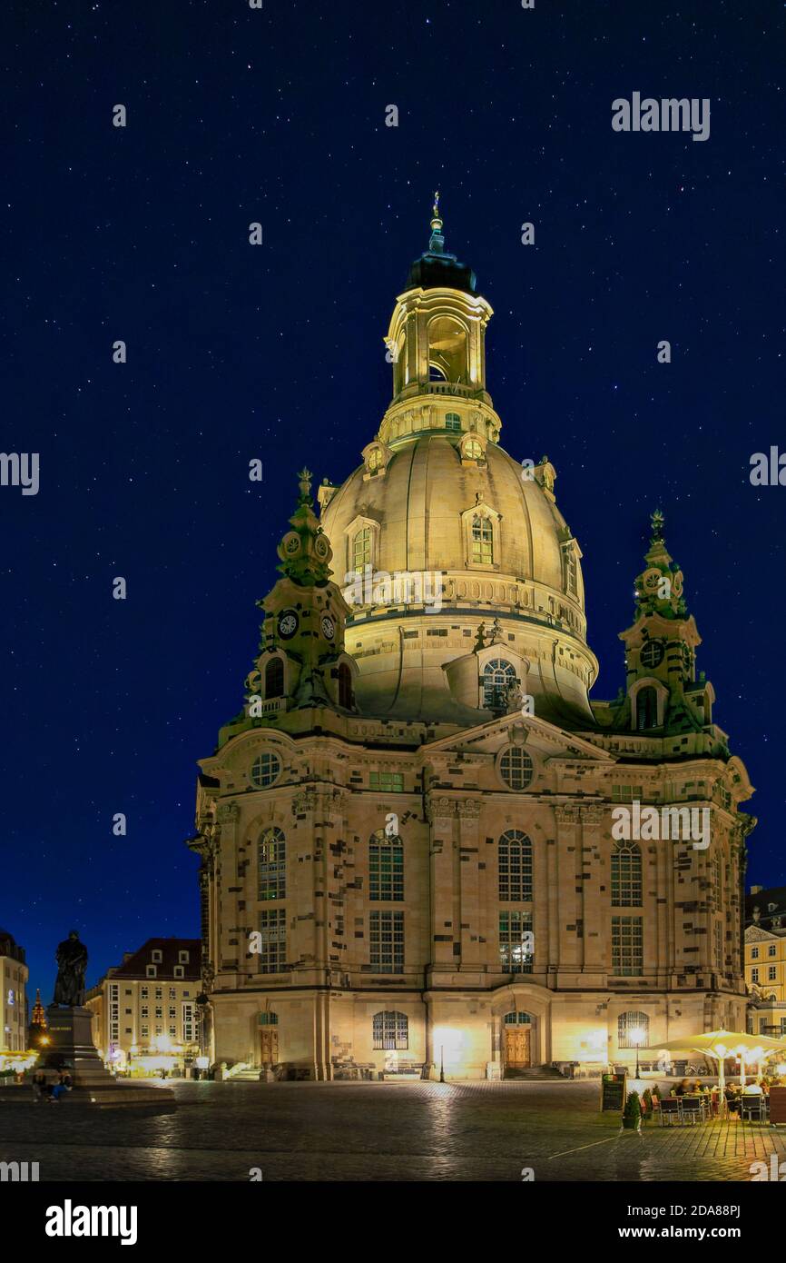 Frauenkirche at the Neumarkt Square at Night in Dresden, Saxony, Germany, Europe Stock Photo