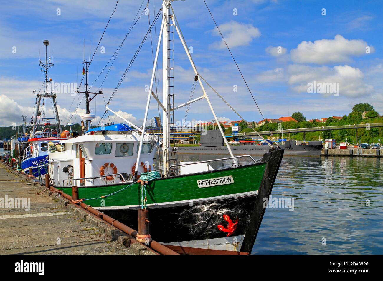 Fishing cutter and U-boat in the harbour, Sassnitz, Ruegen Island, Mecklenburg-Western Pomerania, Germany, Europe Stock Photo