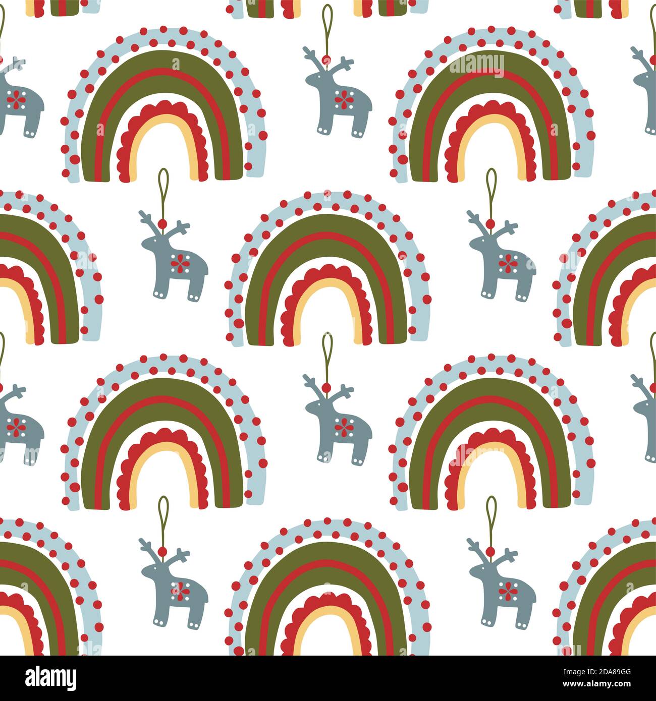 Christmas rainbow and deer decoration vector seamless pattern. Trendy traditional nursery kids background. Festive cute winter holiday print for children. Stock Vector