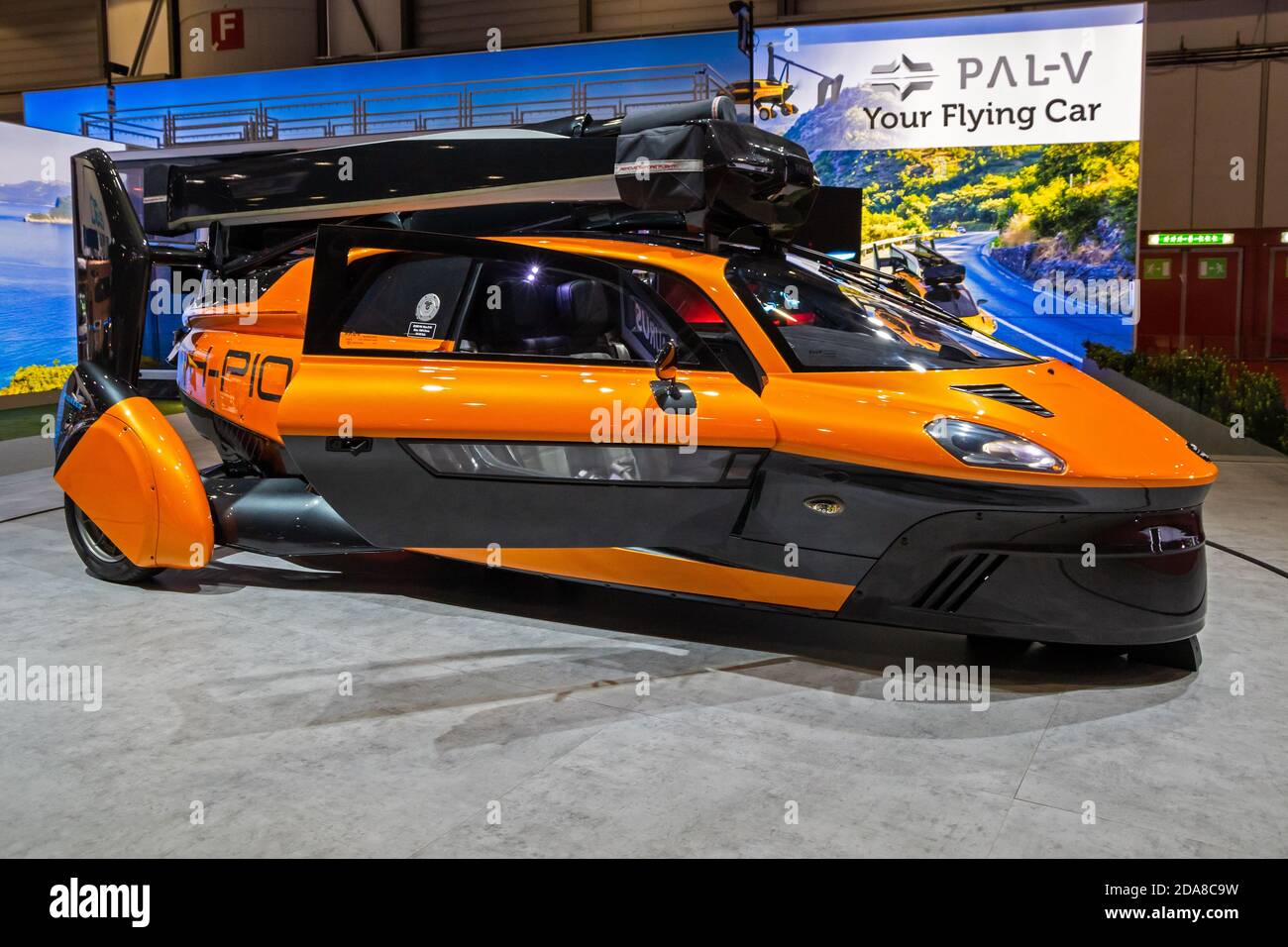 PAL-V Liberty flying car showcased at the 89th Geneva International Motor Show. Geneva, Switzerland - March 6, 2019. Stock Photo