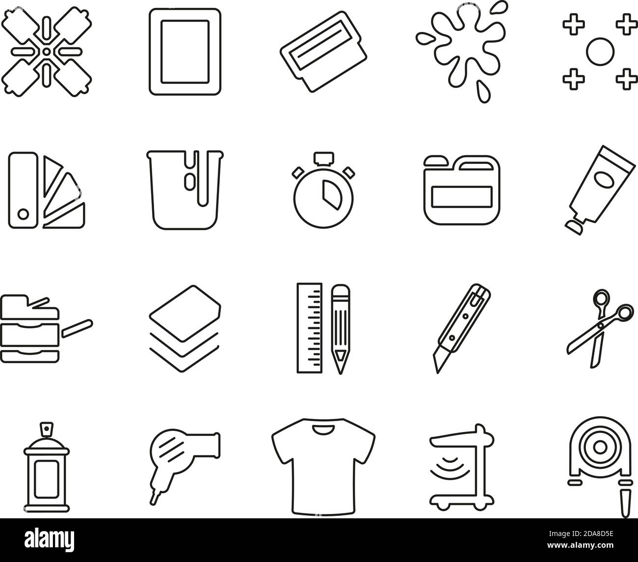 Screen Printing Icons Black & White Thin Line Set Big Stock Vector
