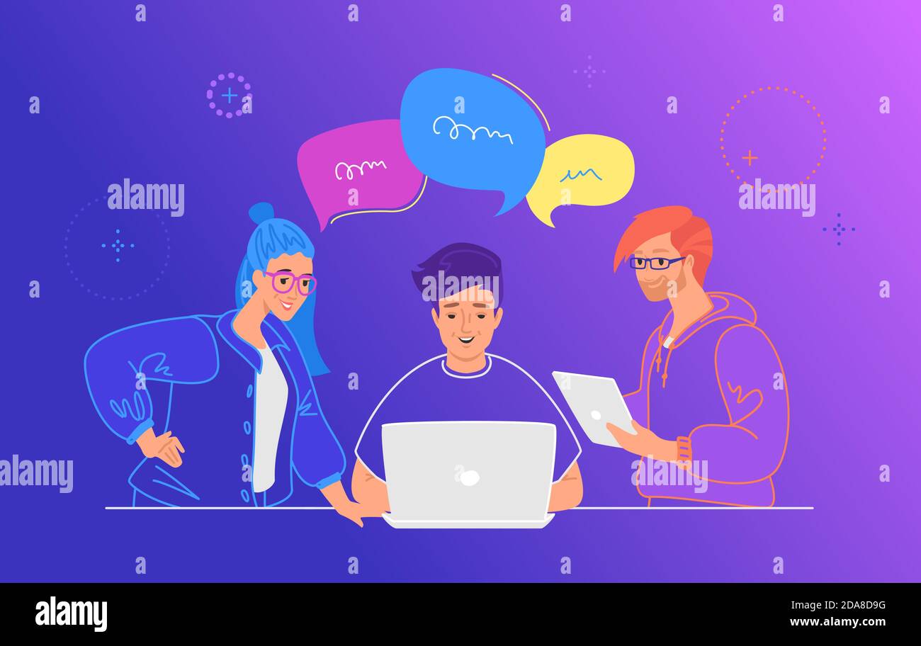 Three guys working as a team on a new project or startup Stock Vector