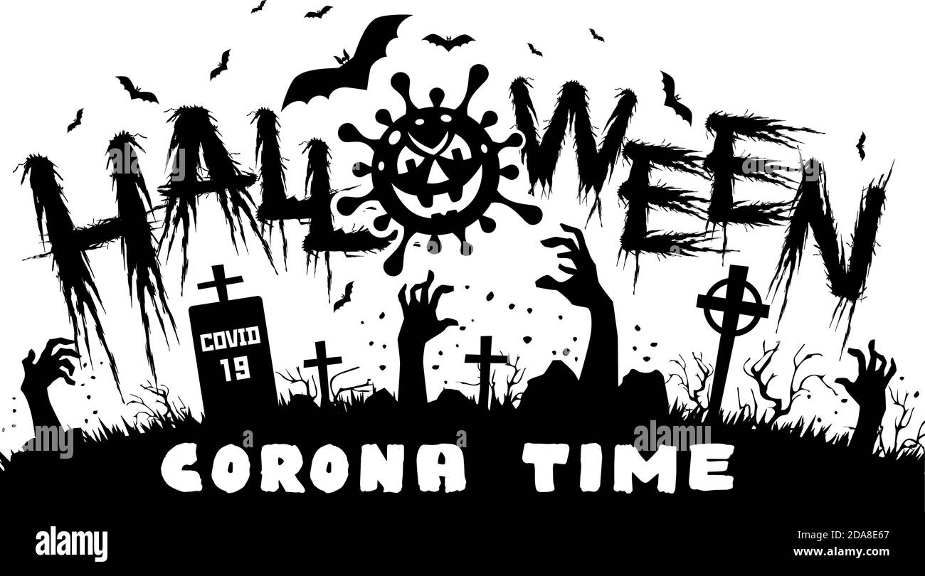 Halloween poster with horror elements: zombie hands, pumkin, coronavirus, bat. Illustration, vector on transparent background Stock Vector
