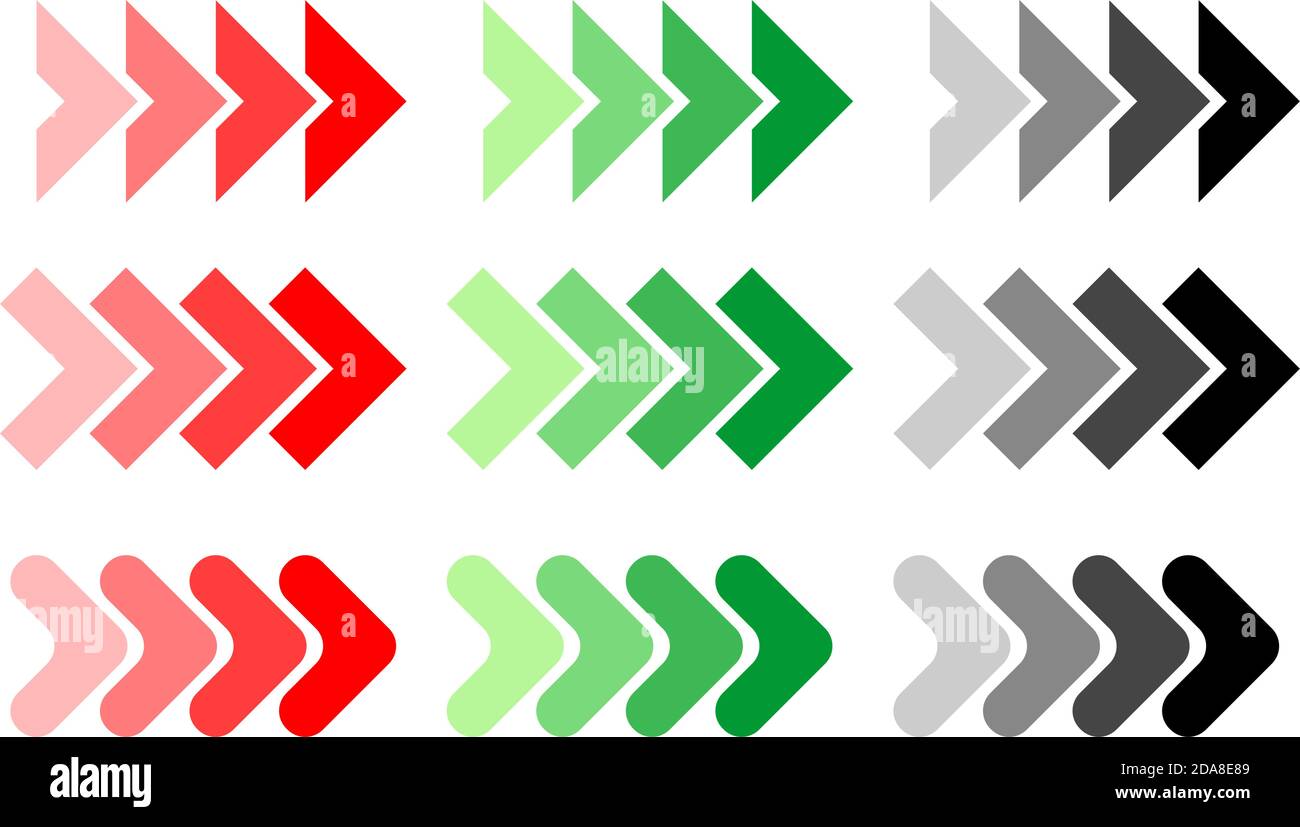 Flowing colored arrow signs. Blend direction, load level indicator. Flat design on transparent background. Illustration, vector Stock Vector