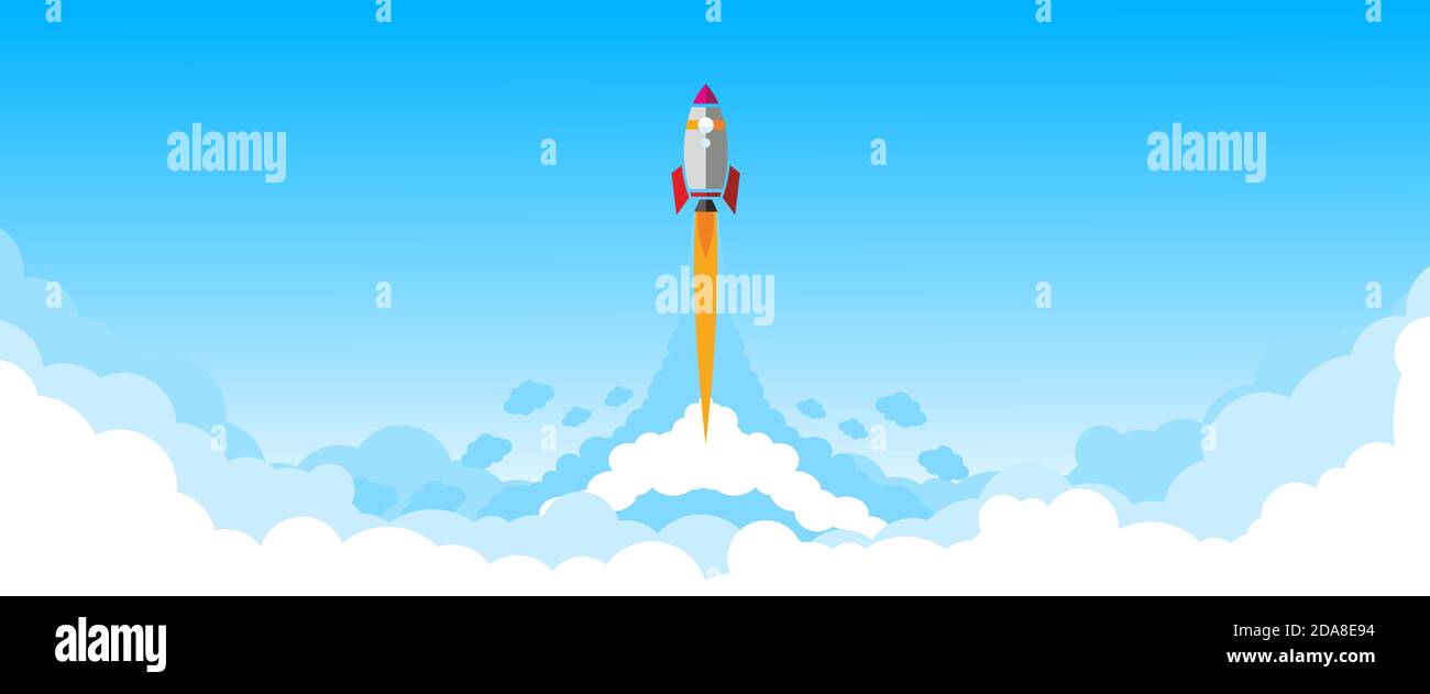 Rocket taking off in blue sky with clouds. Horizontal banner, vector Stock Vector