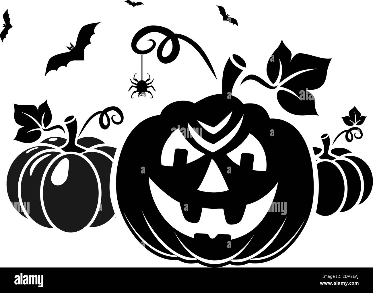 Halloween greeting card elements. Scary black and white pictures for the decoration of the holiday - pumpkin, bat, spider. Vector on transparent backg Stock Vector