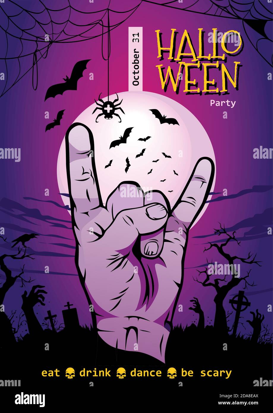 Halloween party posters with event elements: zombie hand, spider web ...