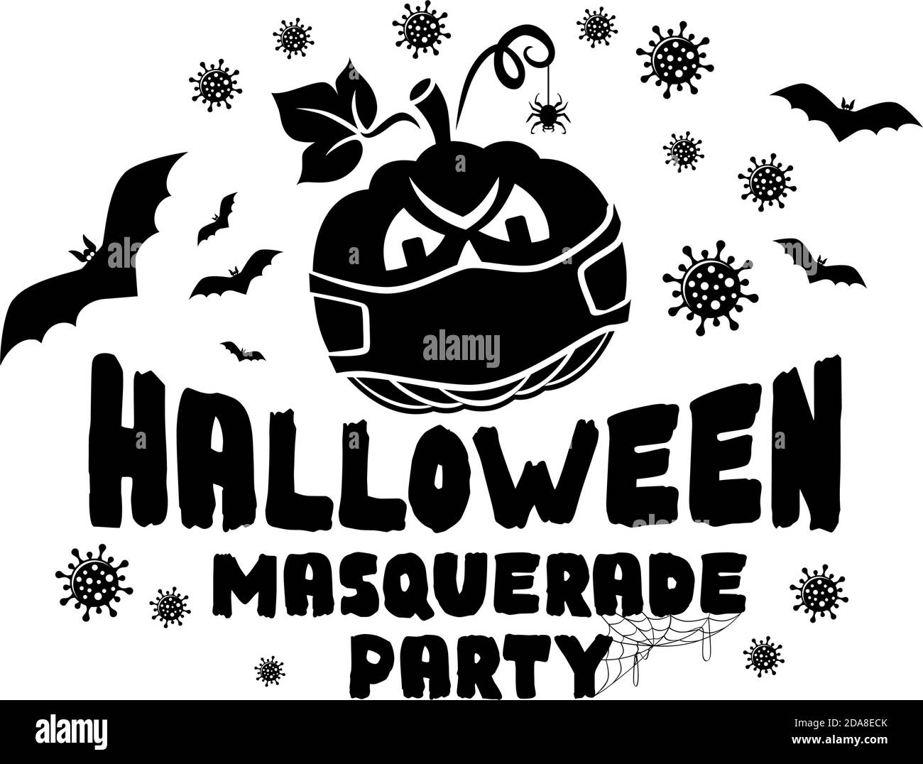 Halloween masquerade party logo. Black and white poster with horror elements: coronavirus, pumpkin, bat. Illustration, vector on transparent backgroun Stock Vector