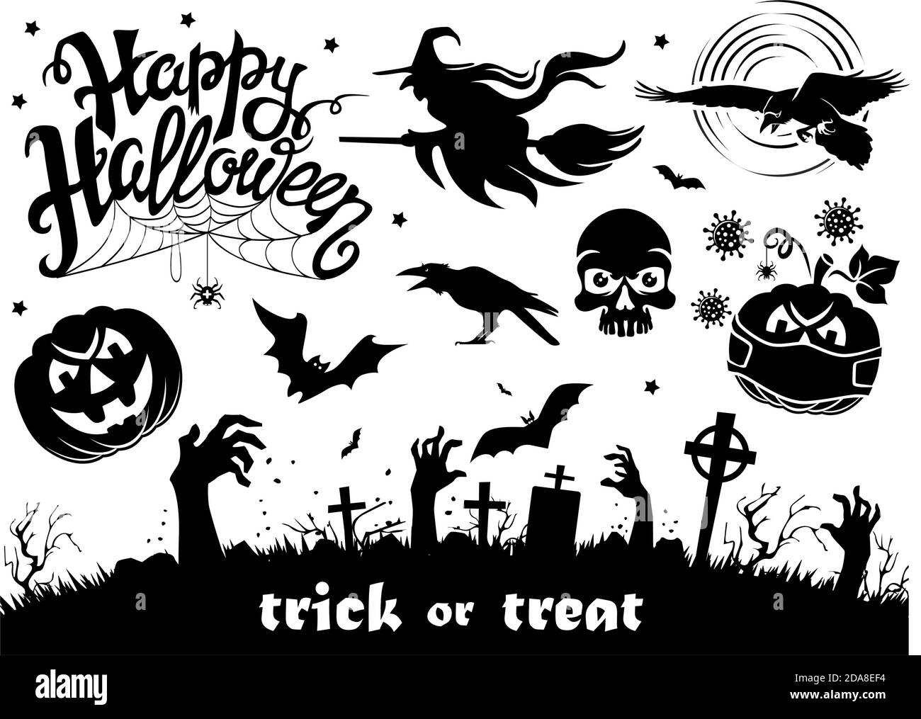 Halloween greeting card elements. Scary black and white pictures for the decoration of the holiday. Vector on transparent background Stock Vector