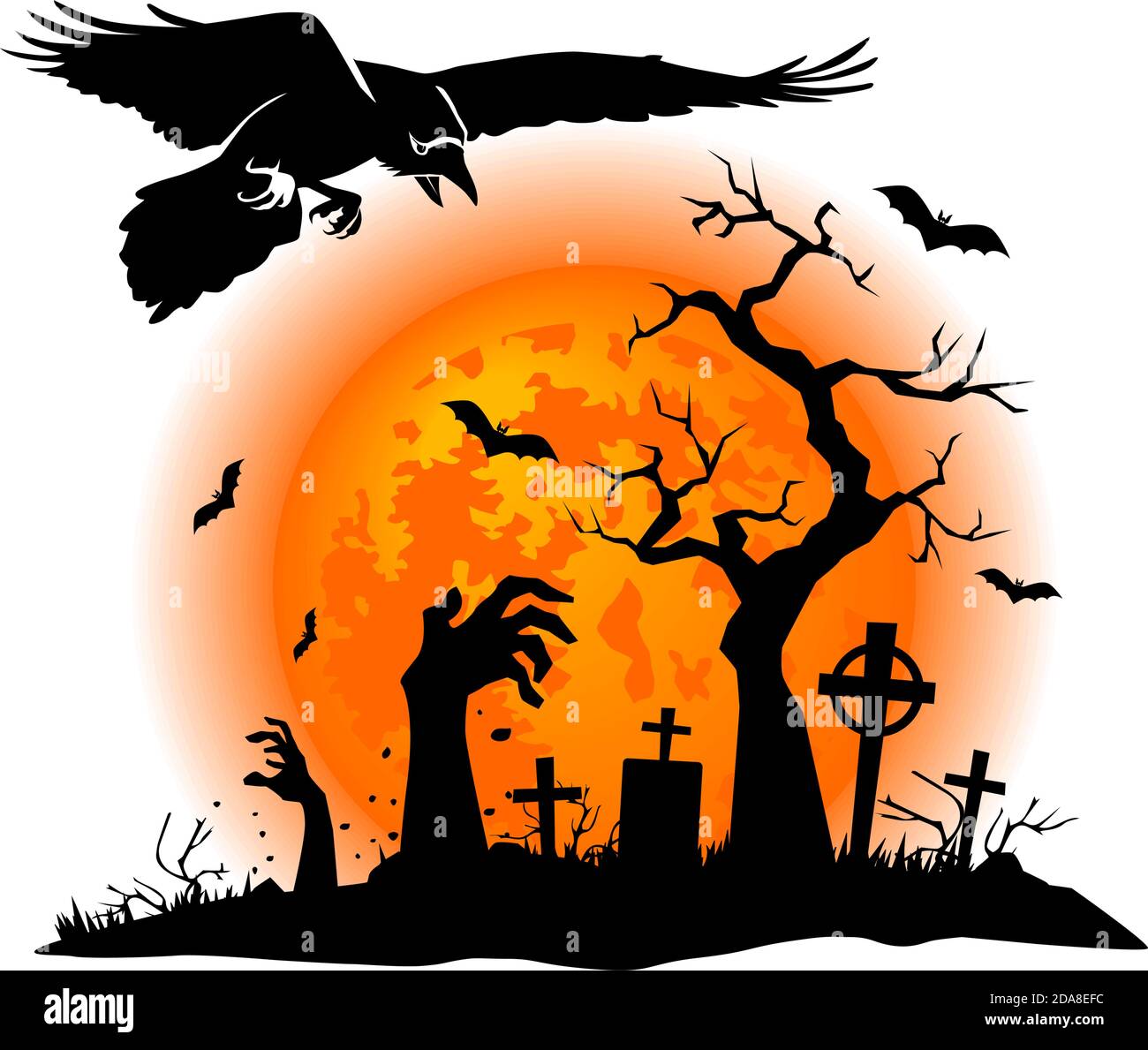 Halloween graveyard landscape with horror elements. Black raven against the background of a full moon, a grave, a dead zombie hand. Illustration, vect Stock Vector